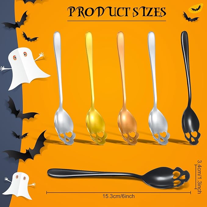 Skull Spoons Stainless Steel Coffee and Espresso Spoons for Tea, Milk, Sugar Stirring, Dessert, Cake (Mixed Color,5 Pieces)