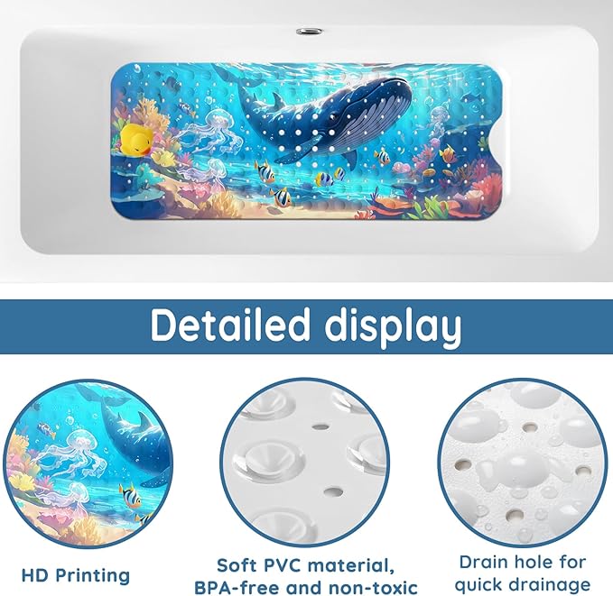 LNOND Bath Mat for Tub for Kids, Ocean Bathtub mat Non Slip,Blue Whales Bath Mats for Bathroom Non Slip with Drain Holes and Suction Cups,Machine Washable (40 X 16 Inch)