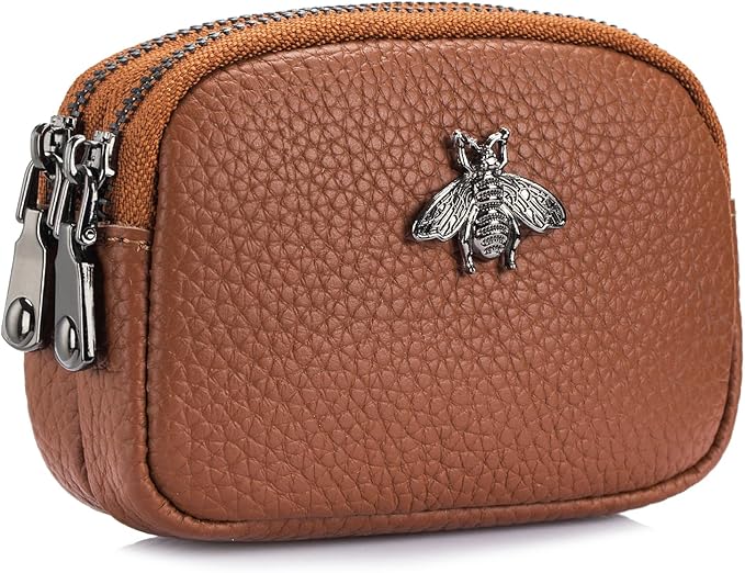 imeetu Women Leather Coin Purse, Small 2 Zippered Change Pouch Wallet