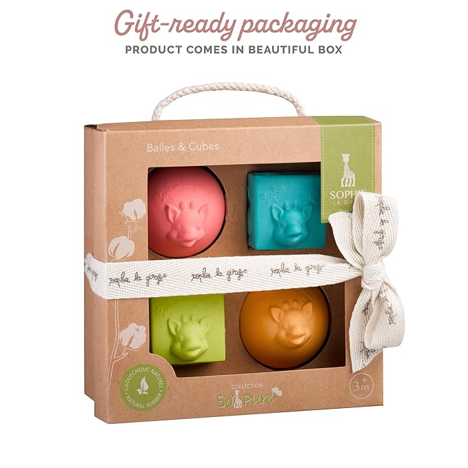 Sophie la girafe So'Pure Cubes & Balls | 4 Light & Colorful Balls | Easy to Grasp | Designed with Natural Rubber to Soothe & Awaken All 5 Senses