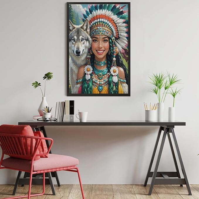 Wooden Puzzle - Indian Beauty & Wolf，Native American Jigsaw Puzzles，Wooden Puzzles for Adults 1000 Pieces Unique Gifts for Wall Art，Challenge Puzzles，Educational Games，Family Puzzles