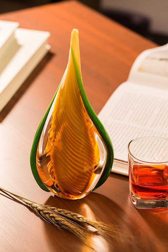Yao Yuan Handmade Blown Murano-Style Art Glass Sculpture, Yellow and Green Glass Craft Decoration