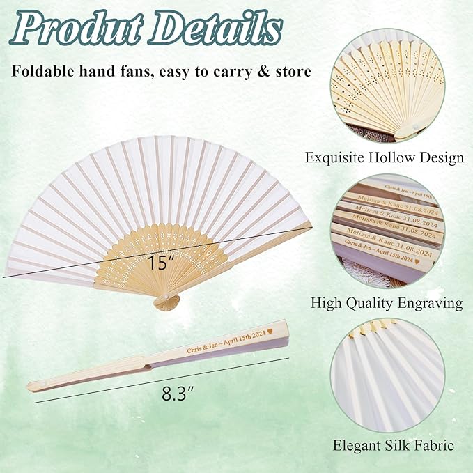 Personalized 10 Pack White Folding Hand Fans, Custom Wedding Fans for Guests, Silk Fabric Bamboo Folded Hand Fan Bridal Dancing Props Church Wedding Gift Party Favors Birthday Party Supplies
