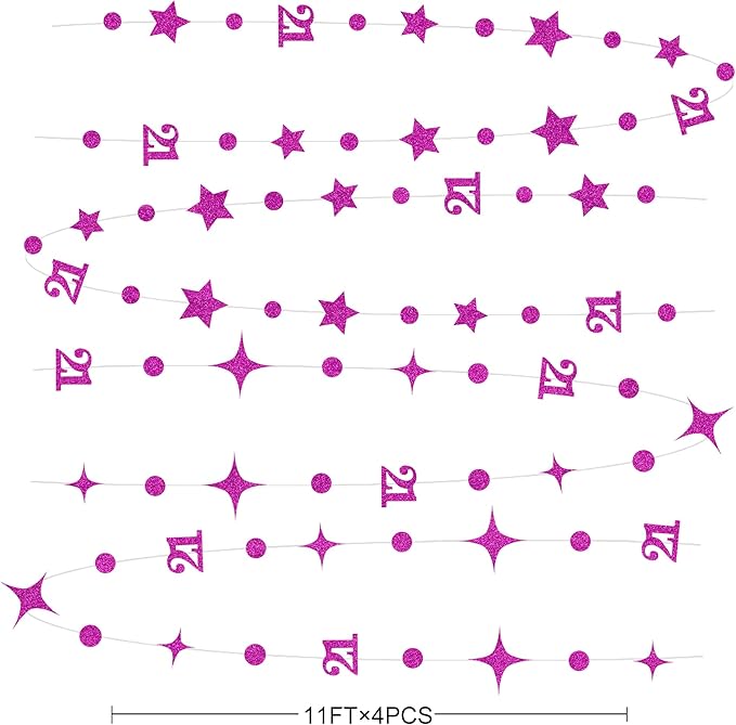 Purple Number 21 Circle Dot Twinkle Star Garland Glitter Hanging Streamer Bunting Banner Backdrop Decoration for Girls Boys 21st Birthday Finally Legal Twenty One Anniversary Wedding Party Supplies