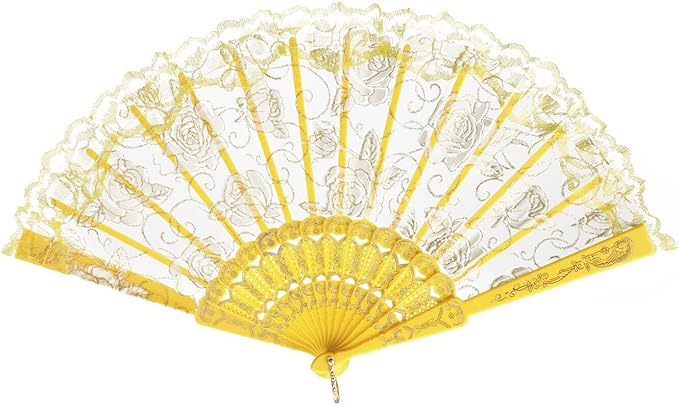 QIRMIZI 10 Pcs Rose Lace Folding Fans,Silk Folding Hand Fans, Perfect for Weddings, Parties, and Dancing,Yellow