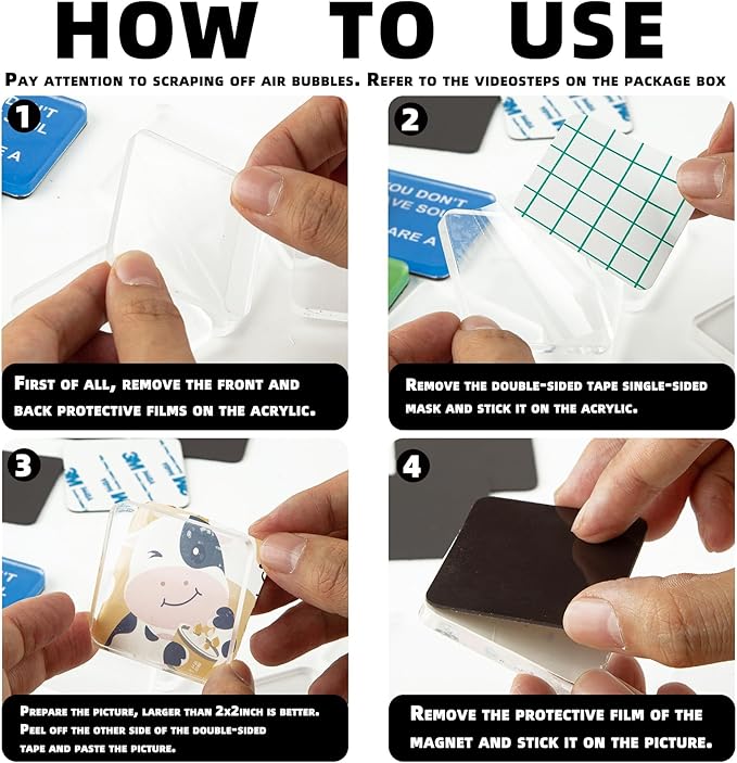30 Pcs DIY Fridge Magnet Craft Set Acrylic Square Decorative Refrigerator Magnet with Adhesive Backing Ferrite Magnets for Office,Classroom,Cabinets,Kitchen(2 Inch,108 Piece)