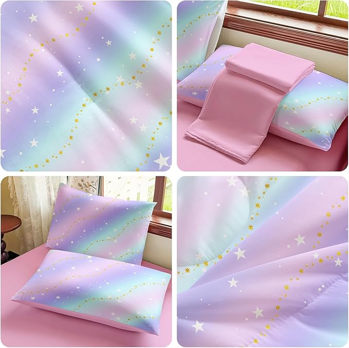 Rainbow Bedding Set Full Size – 5 Piece Reversible Girls Comforter with Deep-Pocket Sheet, Gradient Galaxy Design, Whole-Piece Filling, Machine Washable Bed-in-a-Bag for Kids Room Makeover & Gifts