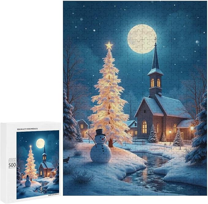Wooden Puzzle - Church of The Nativity with Snow and Snowmen Jigsaw Puzzles，Wooden Puzzles for Adults 500 Pieces Challenge Puzzles，Educational Games，Family Puzzles