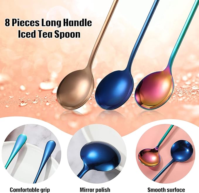 8 Pieces Long Handle Tea Spoon Stainless Steel Coffee Mixing Spoons Teaspoon for Mixing, Cocktail Stirring, Coffee, Milkshake, Cold Drink, 7.48 Inch (Round Style)