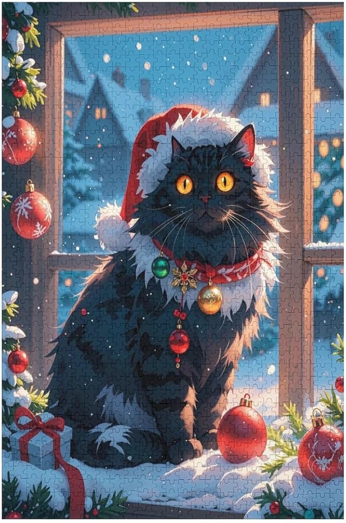Jigsaw Puzzles for Adults 1000 Piece - Christmas Black Cat Wooden Puzzles, Unique Gifts for Wall Art，Family Puzzles，Educational Games，Challenge Puzzles