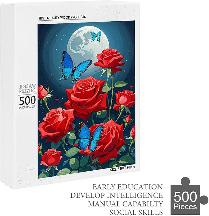 Jigsaw Puzzles for Adults 500 Piece - Butterfly Red Rose Garden Wooden Puzzles, Unique Gifts for Wall Art，Family Puzzles，Educational Games，Challenge Puzzles