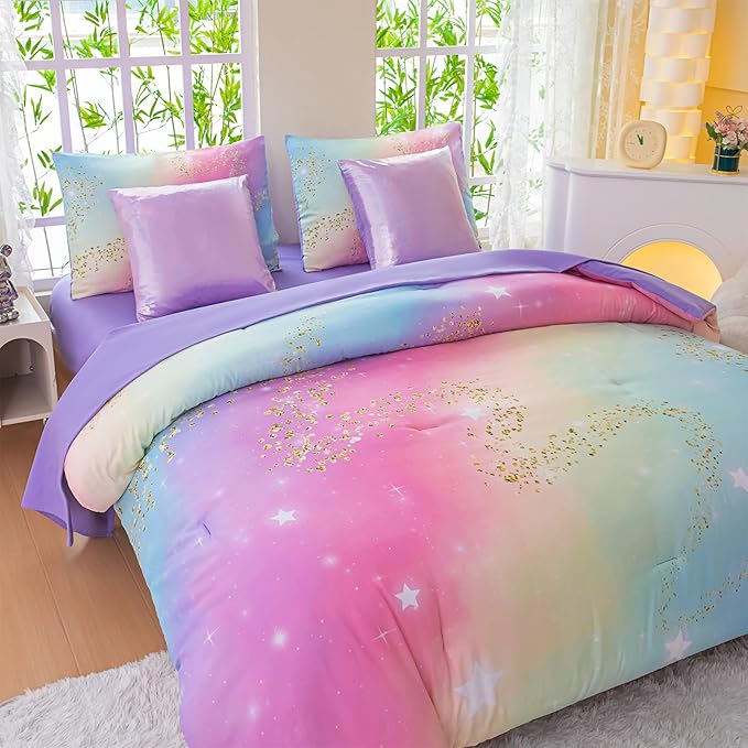 Rainbow Bedding Set Full Size – 7 Piece Reversible Girls Comforter with Deep-Pocket Sheet, Gradient Galaxy Design, Whole-Piece Filling, Machine Washable Bed-in-a-Bag for Kids Room Makeover & Gifts