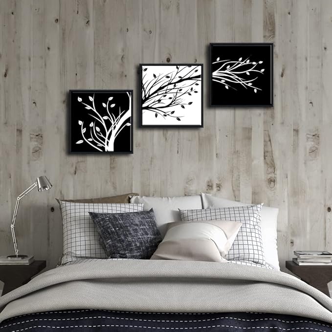 Wieco Art Framed Leaves Modern 3 Panels Flowers Artwork Canvas Prints Black and White Abstract Floral Trees Pictures Paintings on Canvas Wall Art for Living Room Home Decorations