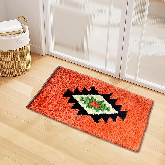 Boho Bathroom Rugs Coral Non Slip Geometric Bath Mat Fluffy Soft Absorbent Bath Rugs for Bathroom Shower Sink Home Entryway Bohemian Farmhouse Decor 30''×20''
