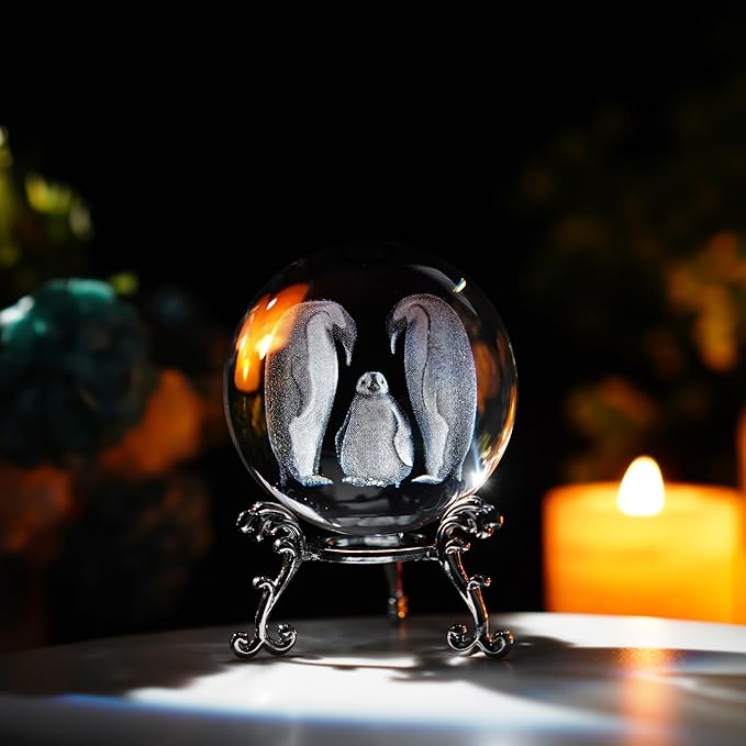 ZEERSHEE 60mm Crystal Penguins Decorative Balls 3D Laser Engraved The Penguin Family Paperweight with Stand
