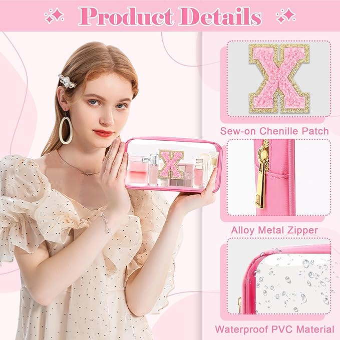 Personalized Initial Letter Clear Makeup Bag,Preppy Small Nylon&PVC Cosmetic Zipper Bag with Chenille Letter,Portable Beach Travel Skincare Toiletry Bag,Trendy Monogram Gift for Teen Girls Women,X