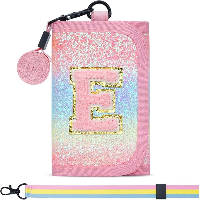 Gifts for Girls 3 4 5 6 7 8 9 10 11 12 Years Old Kids Wallet Cute Initial Coin Purse Toddler Wallet with Magic Sticker (Shiny Rainbow, E)