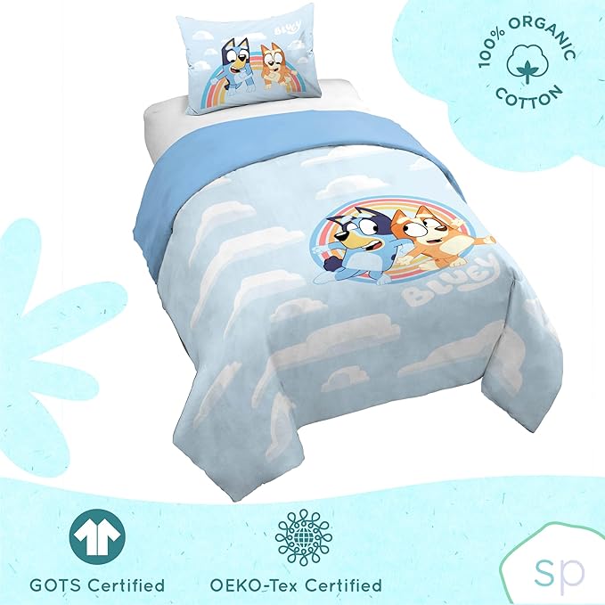 Saturday Park Bluey and Bingo Rainbow Clouds Twin Duvet Cover & Sham Set - 2 Piece 100% Organic Cotton Duvet Set - GOTS & Oeko-TEX Certified