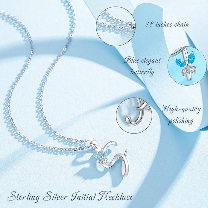 EUDORA Sterling Silver Butterfly Initial Necklaces for Women, Elegant Letter Neckles Personalized Gift for Mother, Sister, Daughter, 18 inch Chai
