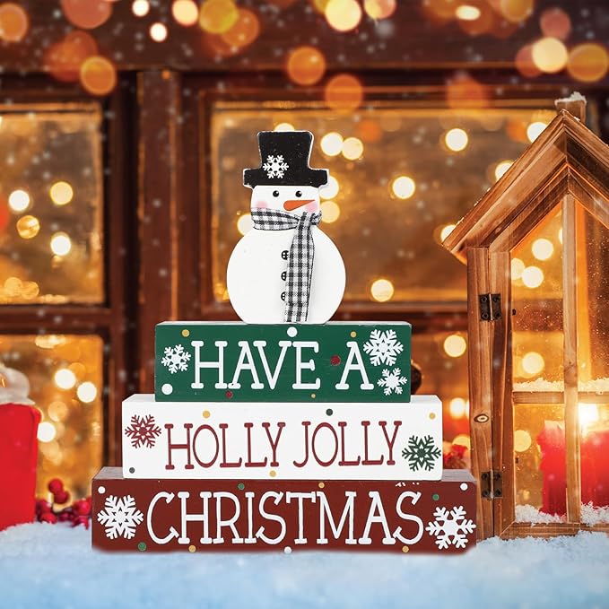 4 Pcs Christmas Decorations Indoor Wooden Snowman Table Sign Decor Table Centerpieces Xmas Merry Christmas Tabletop Block for Holiday Office Desk Tiered Tray Party Shelf Decor Farmhouse Winter