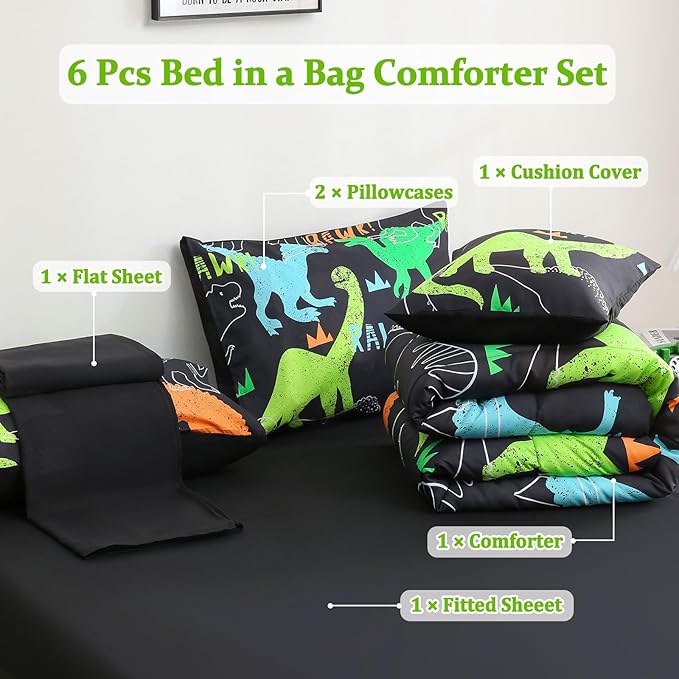 6 Pcs Bed in A Bag Full Comforter Set for Boys Girls, Dinosaur Comforter, Dinosaur Bedding Sets with Sheets for Kids