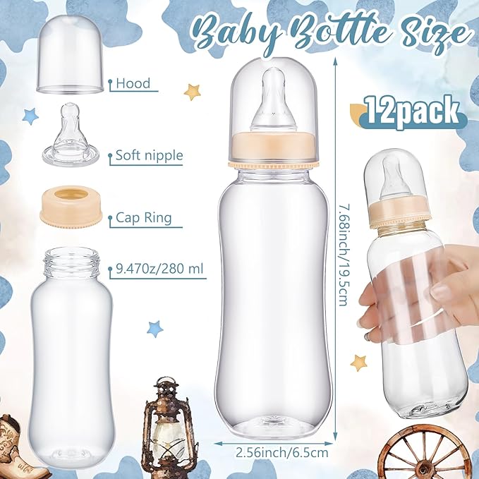TrelaCo Cool Baby Shower Games Bottle Chug Sign and 12 Pcs Baby Bottle Shower Favor for Games Gender Reveal(Blue,Little Cowboy)