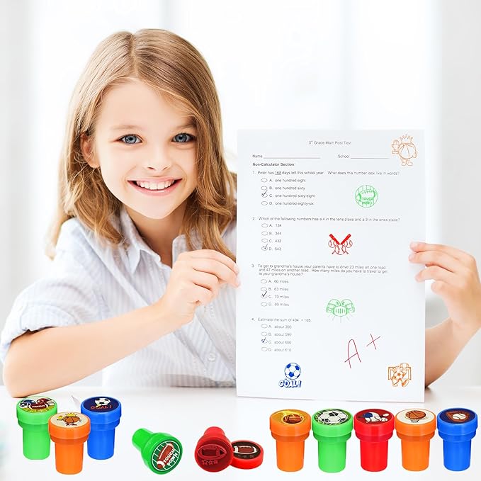 Cinrobiye 24 Pcs Sports Themed Stampers for Kids，Pre-Inked Football Basketball Baseball Soccer Stamps for Birthday Party Favors Classroom Rewards Goodie Bag Fillers Sports Party Supplies (Sports)