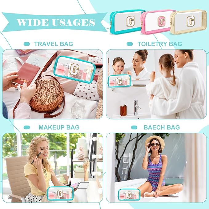 Personalized Initial Letter Clear Makeup Bag,Preppy Small Nylon&PVC Cosmetic Zipper Bag with Chenille Letter,Portable Beach Travel Skincare Toiletry Bag,Trendy Monogram Gift for Teen Girls Women,G