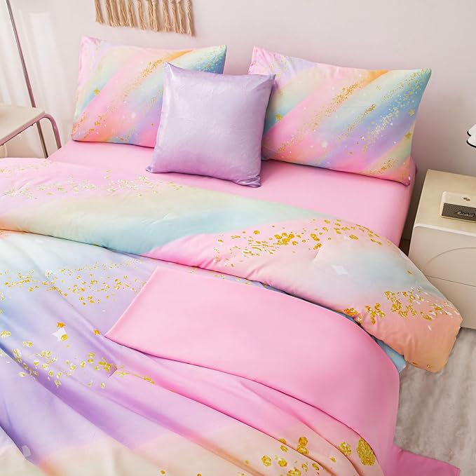 Rainbow Bedding Set Queen Size – 6-Piece Reversible Girls Comforter with Deep-Pocket Sheet, Gradient Galaxy Design, Whole-Piece Filling, Machine Washable Bed-in-a-Bag for Kids Room Makeover & Gifts