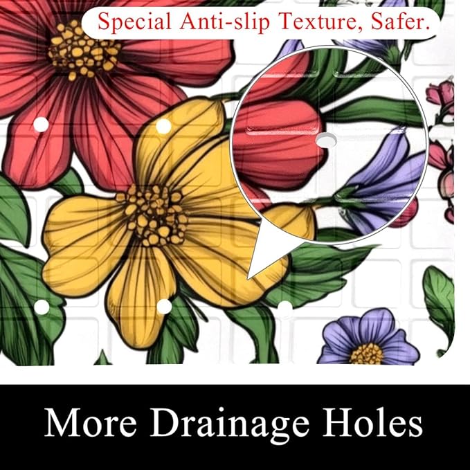 Spring Garden Flowers Leaves and Wild Flowers Bath Tub and Shower Mats, Non Slip Bathmat with Drain Holes and Suction Cups for Bathroom Floor, 15.1 x 26.8 Inch
