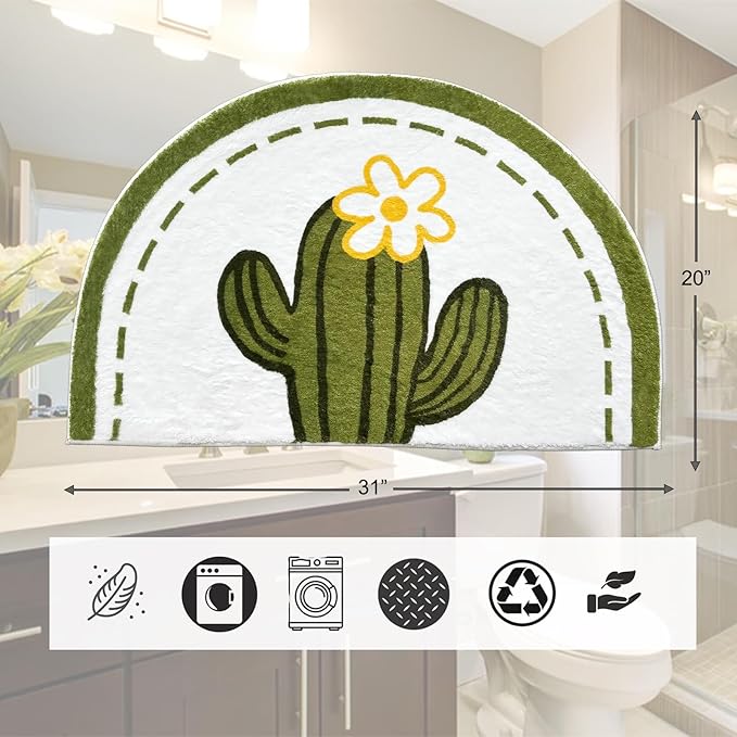 Washable Cute Bath Mat for Bathroom,31x20 Half Circle Non-Slip Small Thin Soft Bath Rugs, Absorbent Water Quick Dry Bath mats, Plush Carpet for Bathtub, Boho Farmhouse Decor (Green Cactus)