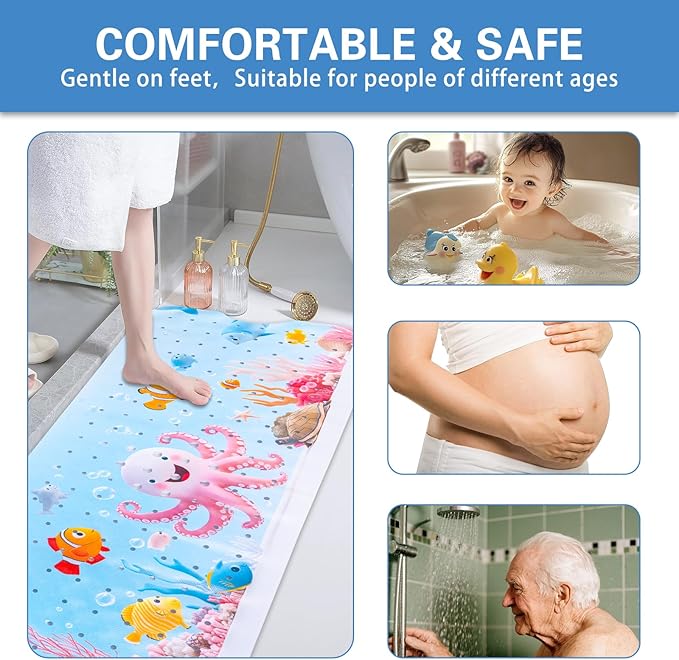 Kids Bath Mat with Ocean Theme Design, 40x16 inches, Non-Slip with 200 Suction Cups, Cartoon Sea Animals Pattern (Octopus, 40 * 16in)
