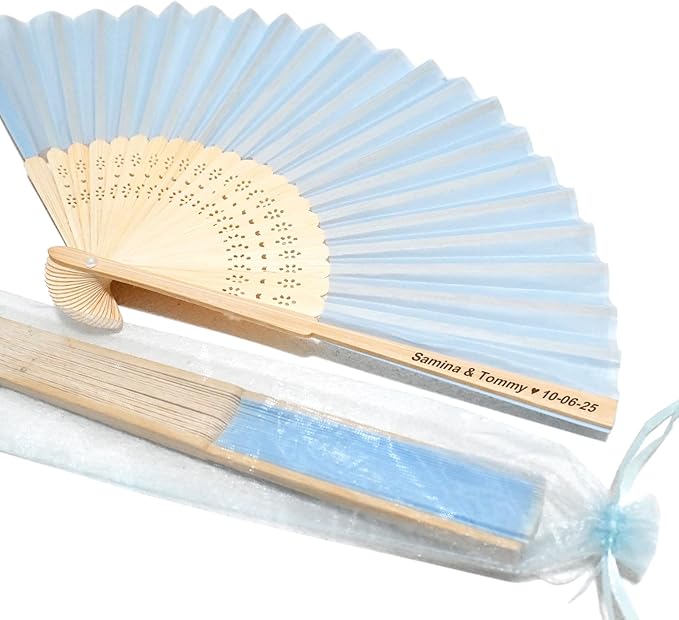 Personalized Engraved Silk Fans Folding Hand Fans with Organza Bags, 53Pcs Light Blue Summer Wedding Fans, Custom Imitated Silk-Bamboo Fans for Guests Wedding Party Favor Bridal Shower Gifts