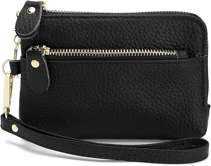 Genuine Leather Coin Purse for Women with Large Opening & Wrist Strap Navy (Black)