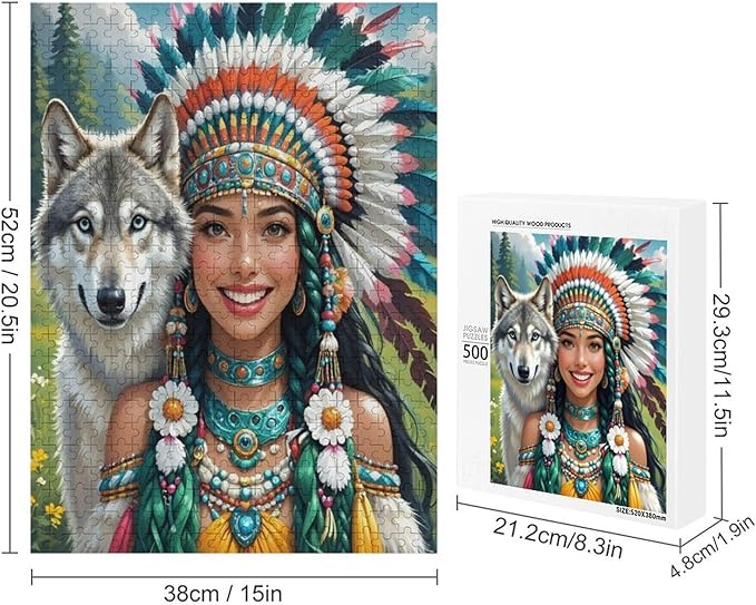 Wooden Puzzle - Indian Beauty & Wolf，Native American Jigsaw Puzzles，Wooden Puzzles for Adults 500 Pieces Unique Gifts for Wall Art，Challenge Puzzles，Educational Games，Family Puzzles