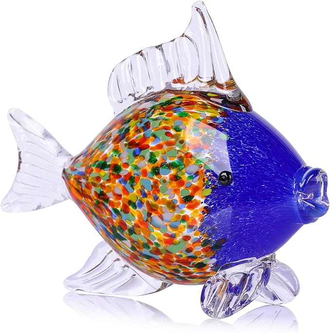 Colorful Blown Glass Fish Figurine – Blue Art Animal Sculpture for Ocean Coastal Home Decor, Handcrafted Glass Fish Ornament for Tabletop, Shelf, or Aquarium Theme Display (G)