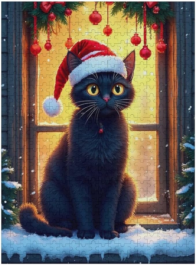 Jigsaw Puzzles for Adults 500 Piece - Christmas Black Cat Wooden Puzzles, Funny Puzzles，Unique Gifts for Wall Art，Family Puzzles，Educational Games，Challenge Puzzles