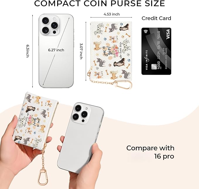 Cute Dogs Keychain Coin Purse for Women, Small PU Leather Change Pouch, Zipper Little Tiny Travel Wallet for Girls Puppy Lovers, Cute Kawaii Zip Pocket Coin Holder with Key Ring