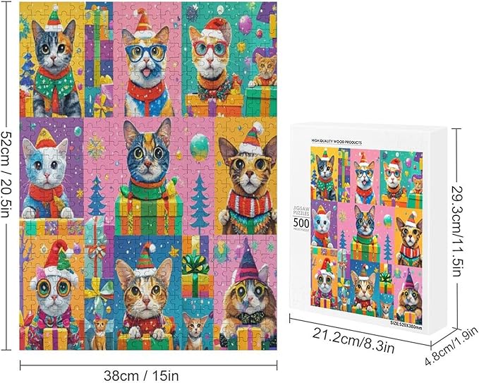 Wooden Puzzle 500 Pieces Adult - Christmas Dog Cat Puzzle Christmas Puzzles, Holiday Puzzles, Family Toys, Party Games, Jigsaw Puzzle Challenge and Funny