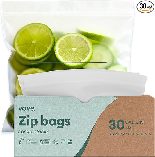 Vove Compostable Gallon Bags, Extra Large 30 Count – Freezer Safe, Leak Proof, Non Toxic Food Storage for Meal Prep & Snacks, Plant-Based Eco Bags