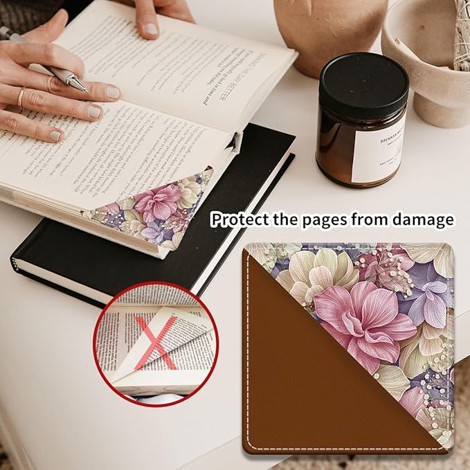 Cute Leather Bookmarks, Fun Triangle Making Corner Bookmark, Book Accessories for Reading Book Lovers, Unbreakable Page Markers for Women Men Colorful Beautiful Flower
