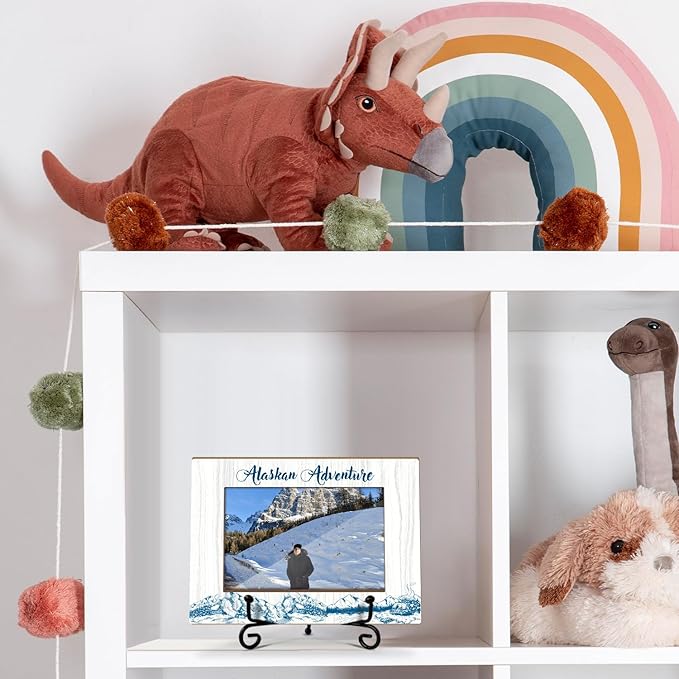 Lesixur Alaska Adventure 4x6 Photo Frame, Wooden Picture Frame with Iron Stand, Honeymoon Vacation Gifts for Friends Family Couples, Alaska Souvenirs Office Home Desk Decor Tabletop Display -049