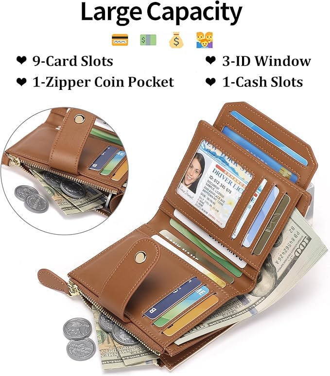 SENDEFN Small Wallet for Woman Leather RFID Blocking Bifold Zipper Pocket Credit Card Holder