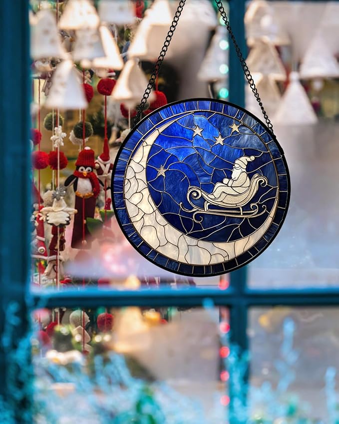Stained Glass Window Hangings - Blue White Moon Stars Suncatcher for Door Home Christmas Decor Dream Sun Catcher Thanksgiving New Year Birthday Gifts for Women Men Mom Nana 9.8 in