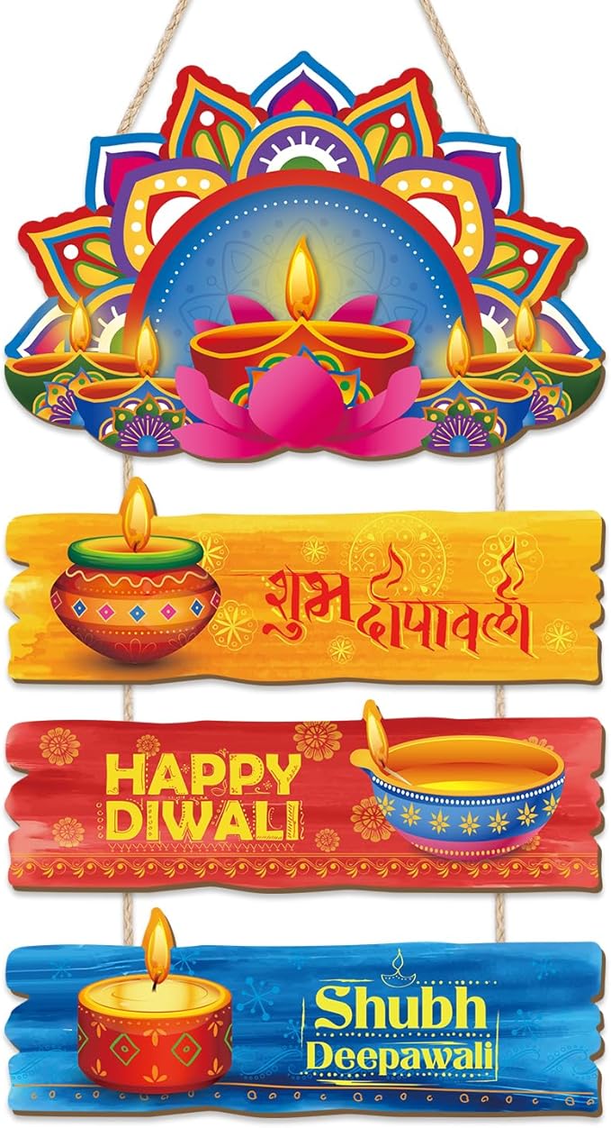 CHDITB Happy Diwali Wooden Sign, Wooden Lotus Rangoli Diyas Festive Wooden Hanging Plaque, Colorful Deepavali Themed Door Hanger, Diwali Wall Art Porch Hanger for Light Celebration Party Decorations