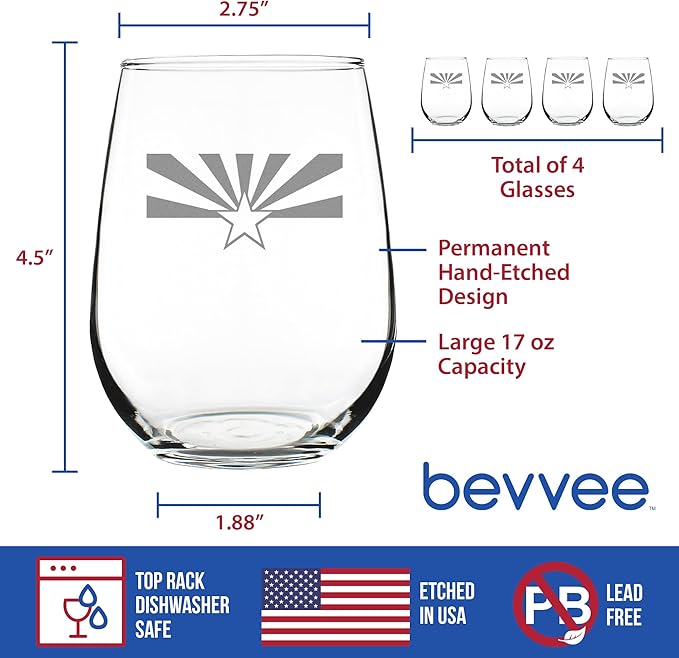 Bevvee Arizona Flag - Stemless Wine Glass - State Themed Drinking Decor and Gifts for Arizonans - Set of 4 - Large 17 Ounce