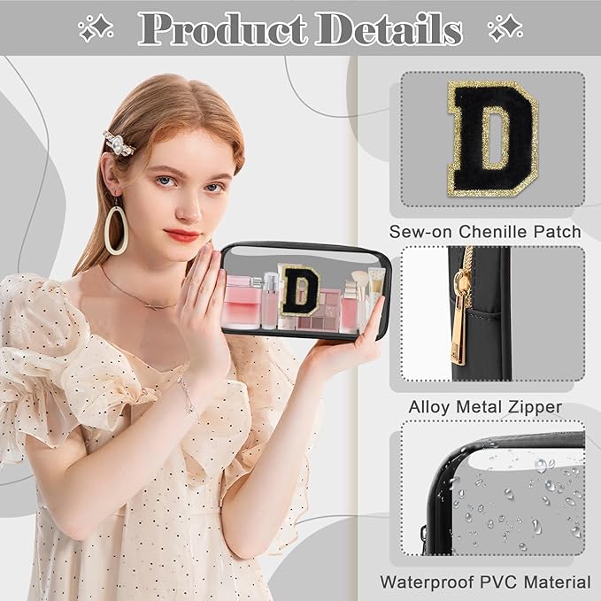 Personalized Initial Letter Clear Makeup Bag,Preppy Small Nylon&PVC Cosmetic Zipper Bag with Chenille Letter,Travel Skincare Toiletry Bag,Monogram Christmas Gift for Teen Girls Women,D