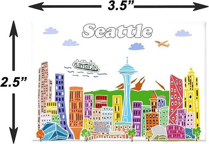 City Themed Artwork Magnet Collection by Beary Blu - Designed in The USA, Collectible Souvenirs Gifts 2.5" x 3.5" (Seattle)