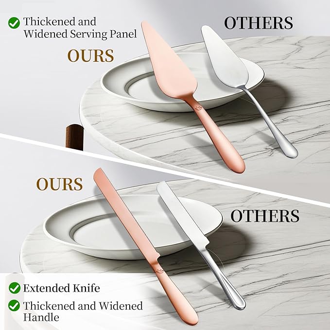 Cake Cutting Set for Wedding - Extended Cake Knife and Server Set Thickened Stainless Steel 13.0" Cake Cutter 10.49" Pie Spatula Great for Birthday Anniversary Christmas Gift 2 Pcs Rose Gold