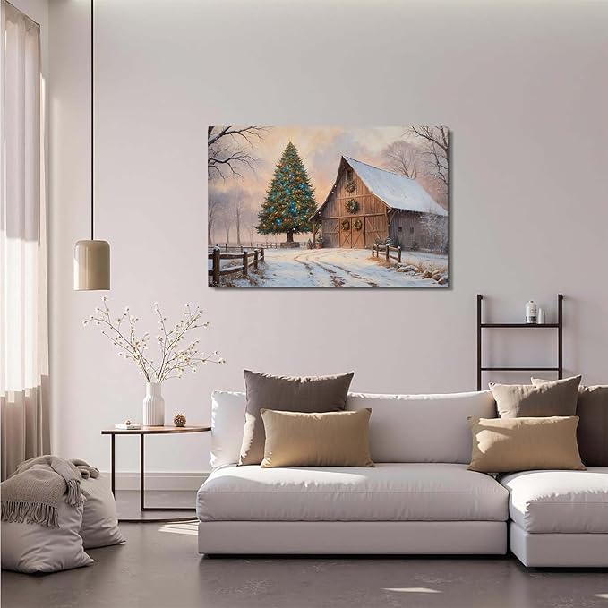 Vintage Sunset Winter Barn Print Country Farm Nature Scenery Decorative Painting Suitable for Home Decor Bathroom Bedroom Living Room Decor20x30in(50x75cm)- Unframed